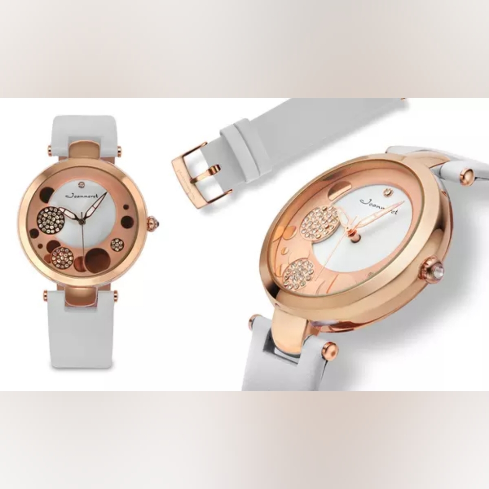 Jeanneret Woman Rose Gold Watch White Leather Band Swarovski Crystal Elements